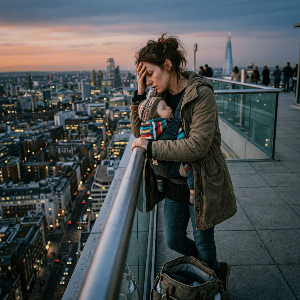 Tired mother holding sleeping baby on rooftop overlooking city
